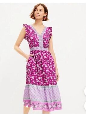 LOFT Magenta Floral Midi Dress with Lavender Trim